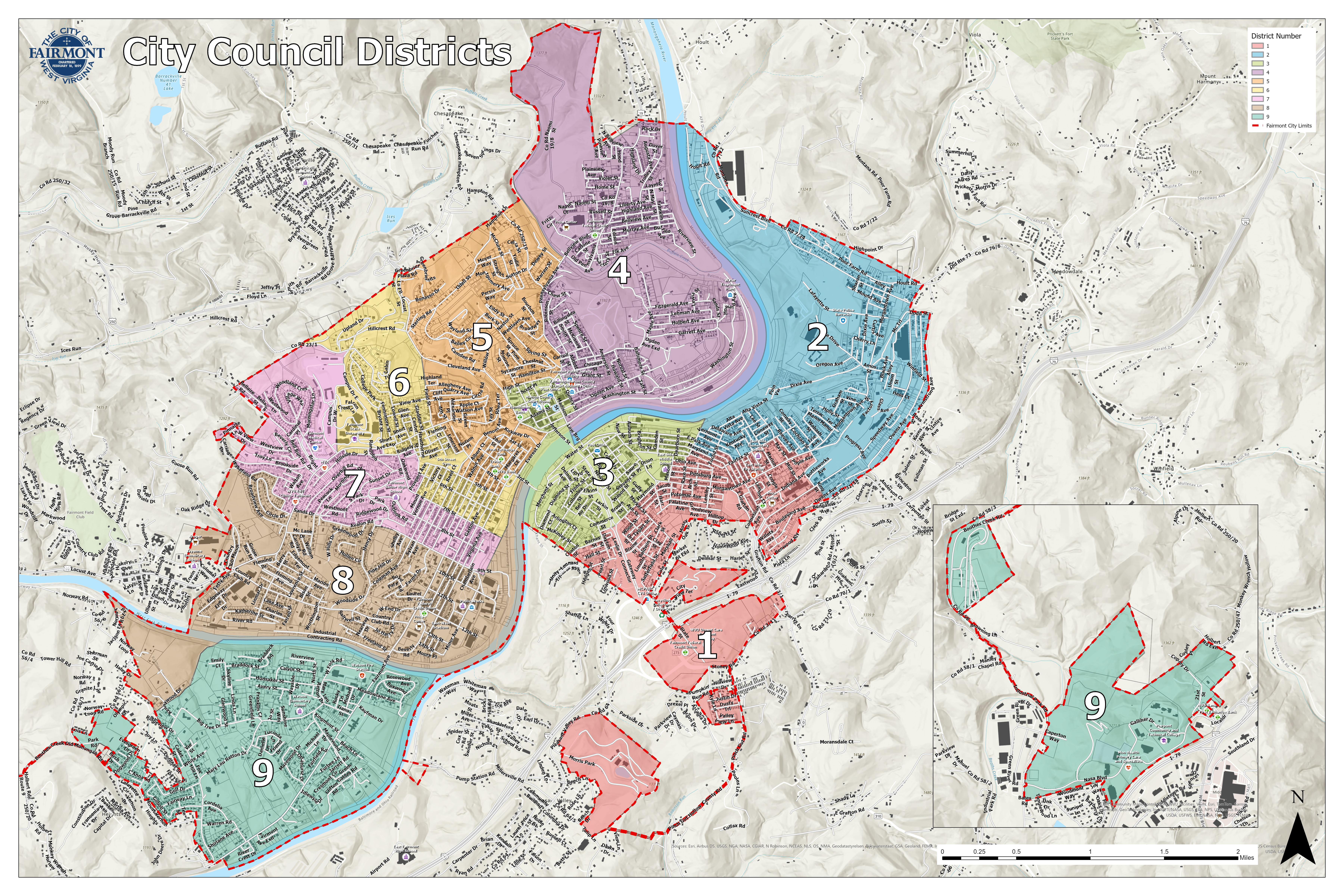 a map of Fairmont City Council districts.