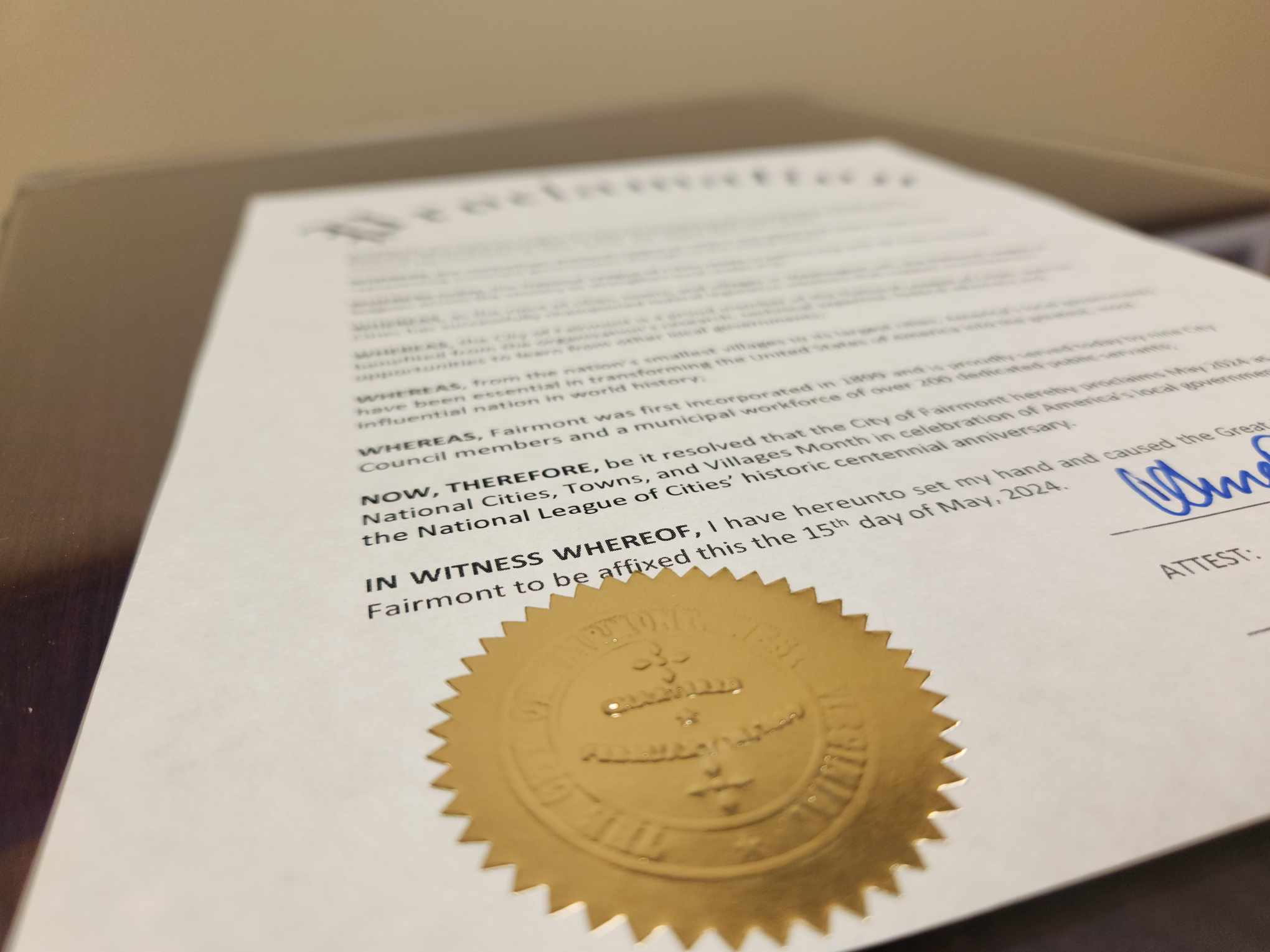 A photo of a proclamation issued by Fairmont City Council