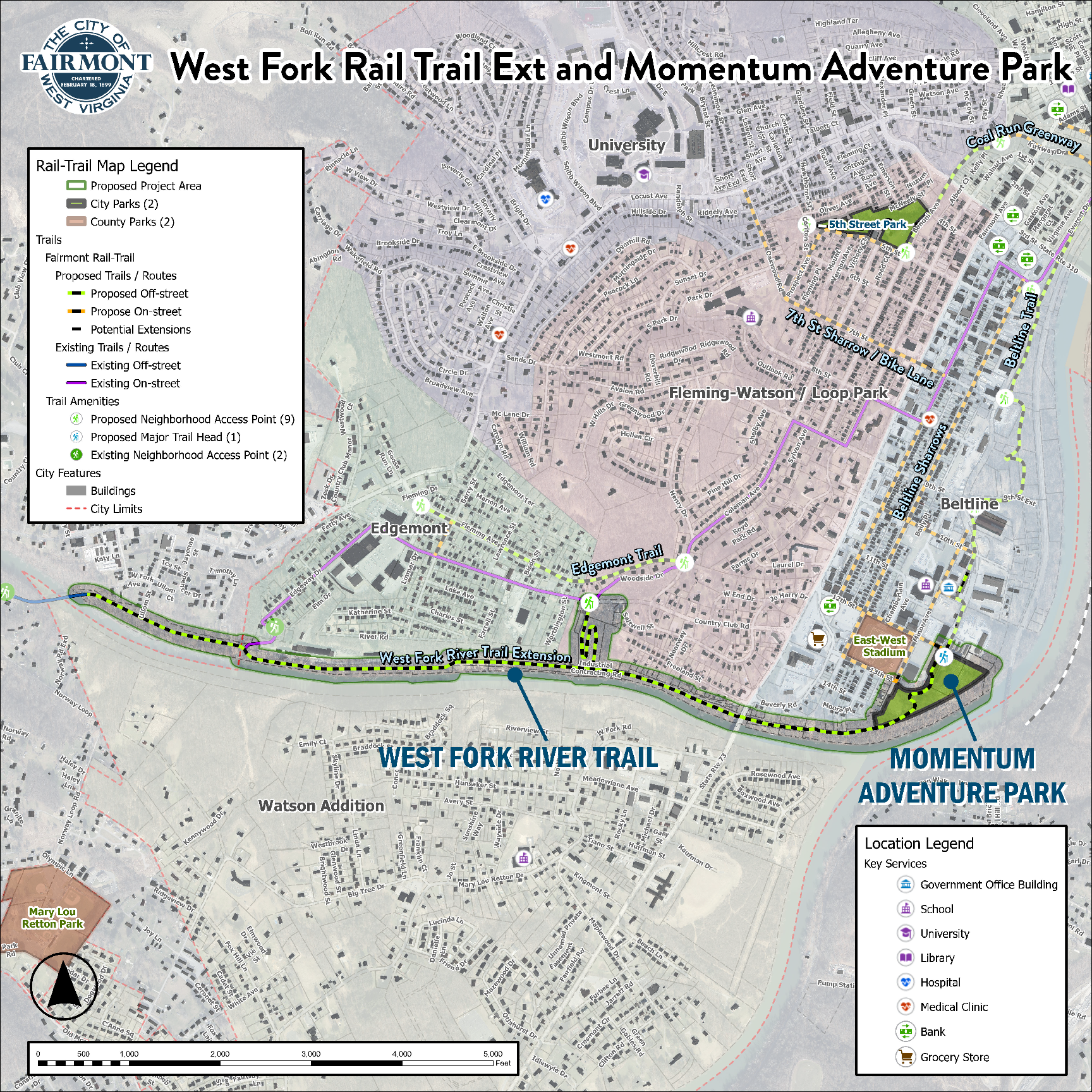 A satellite map showing the proposed route for the West Fork Rail Trail extension.