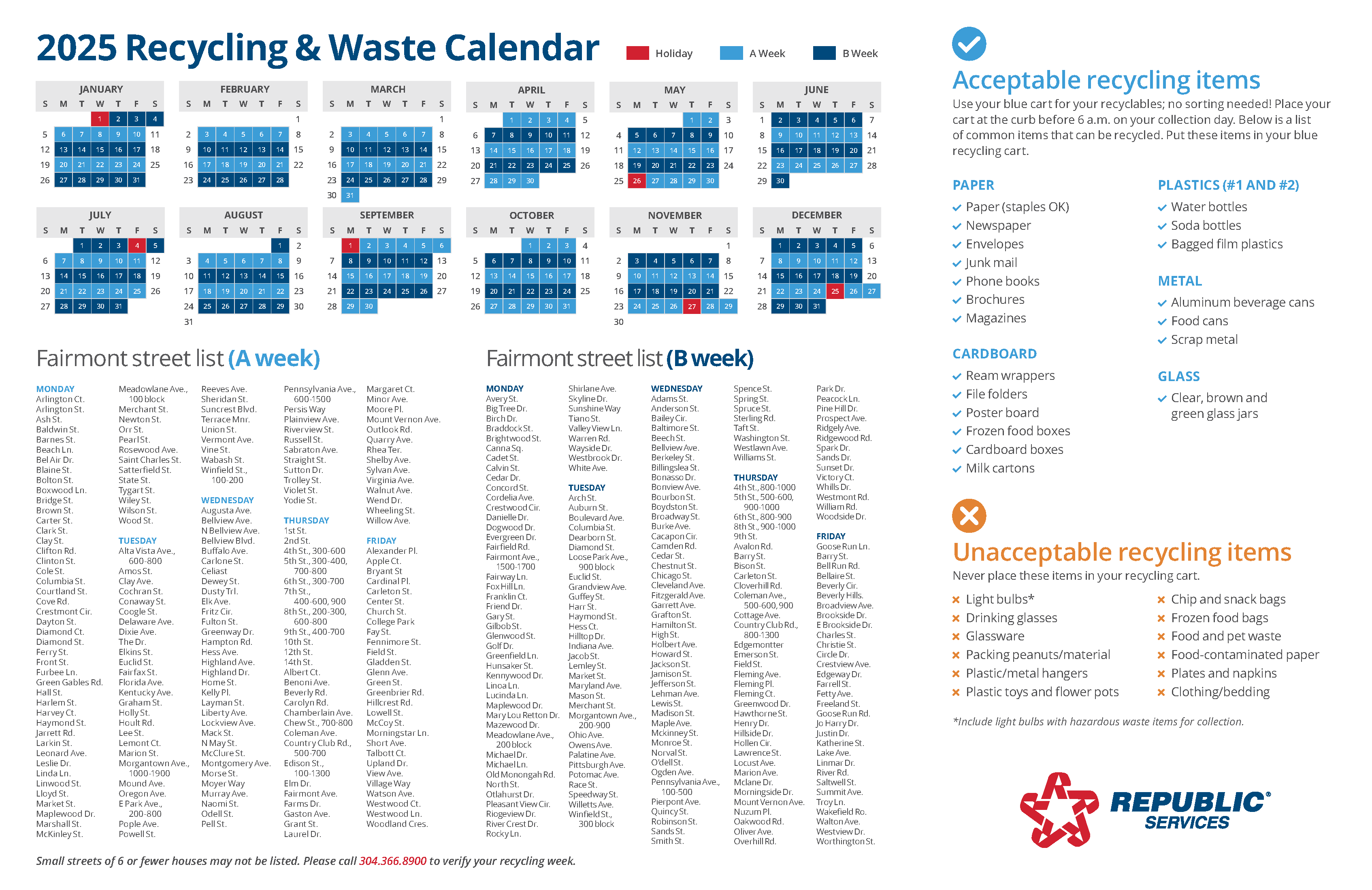 A calendar breakdown of Trash collection services in Fairmont